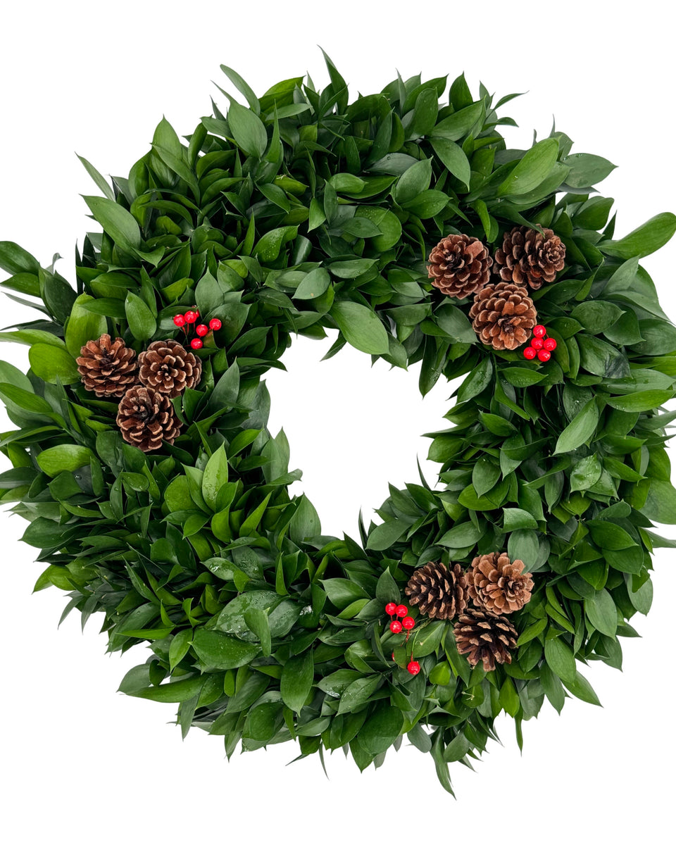 Ruscus Wreath with Berries and Cones