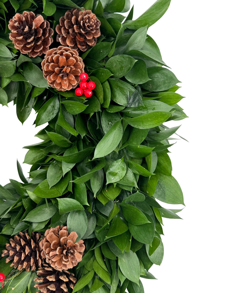Ruscus Wreath with Berries and Cones