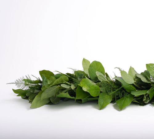 Salal, Variegated Pittosporum, and Plumosus Garland